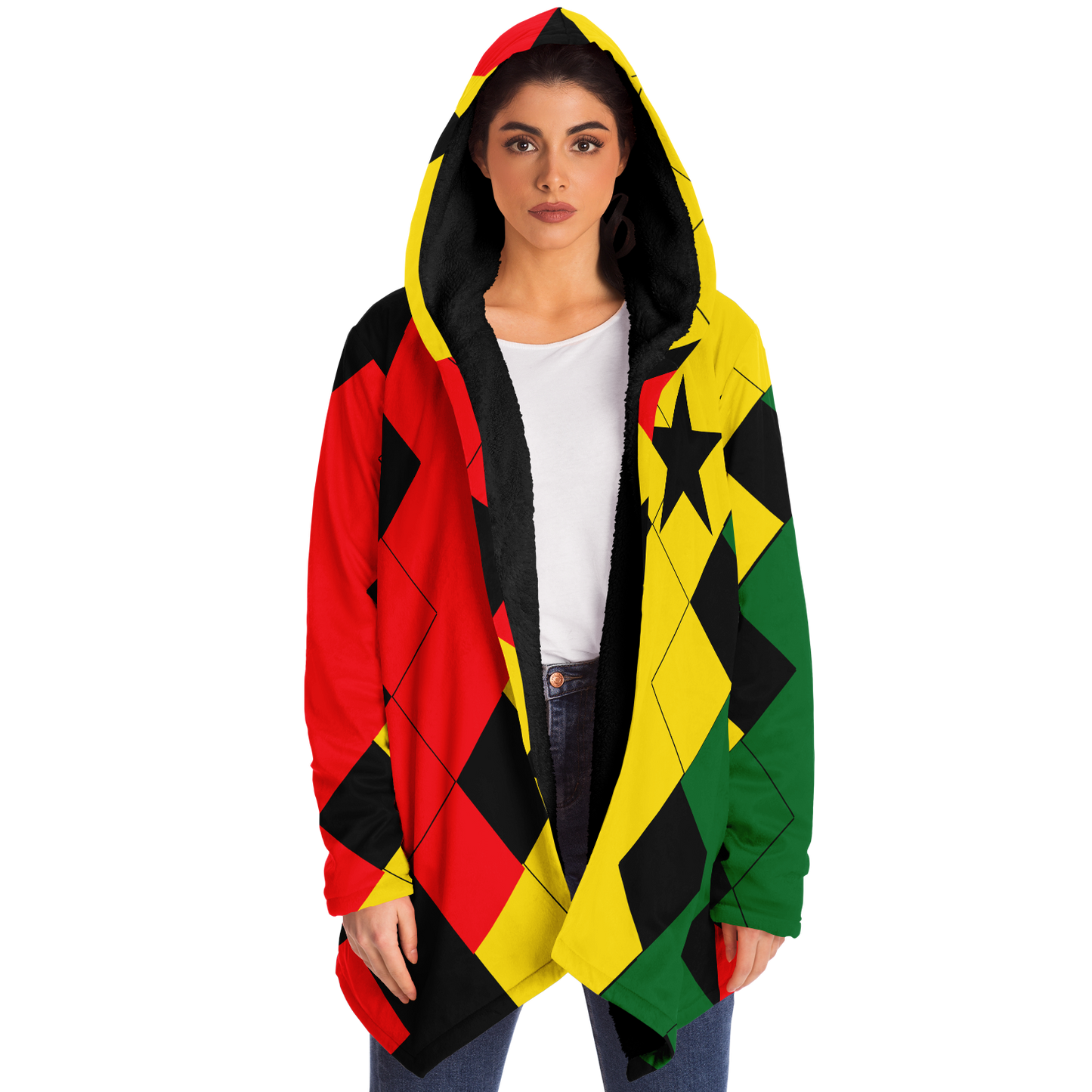 Women's Red Yellow Green and Black Stars Microfleece Cloak