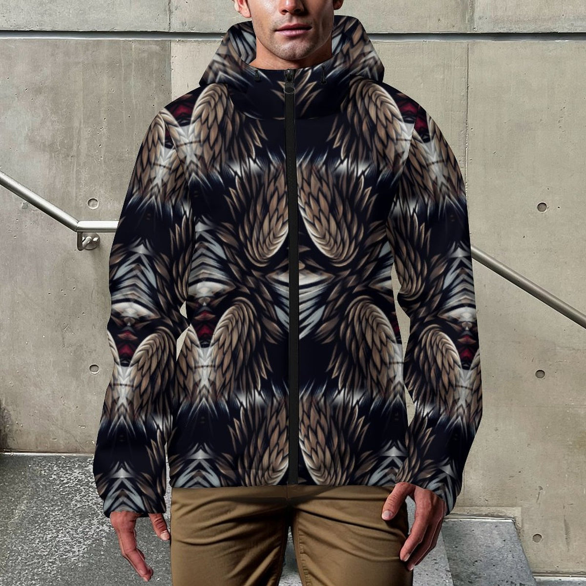 Men's Abstract Dark Kaleidoscope Pattern All Over Print Hooded Windbreaker Jacket