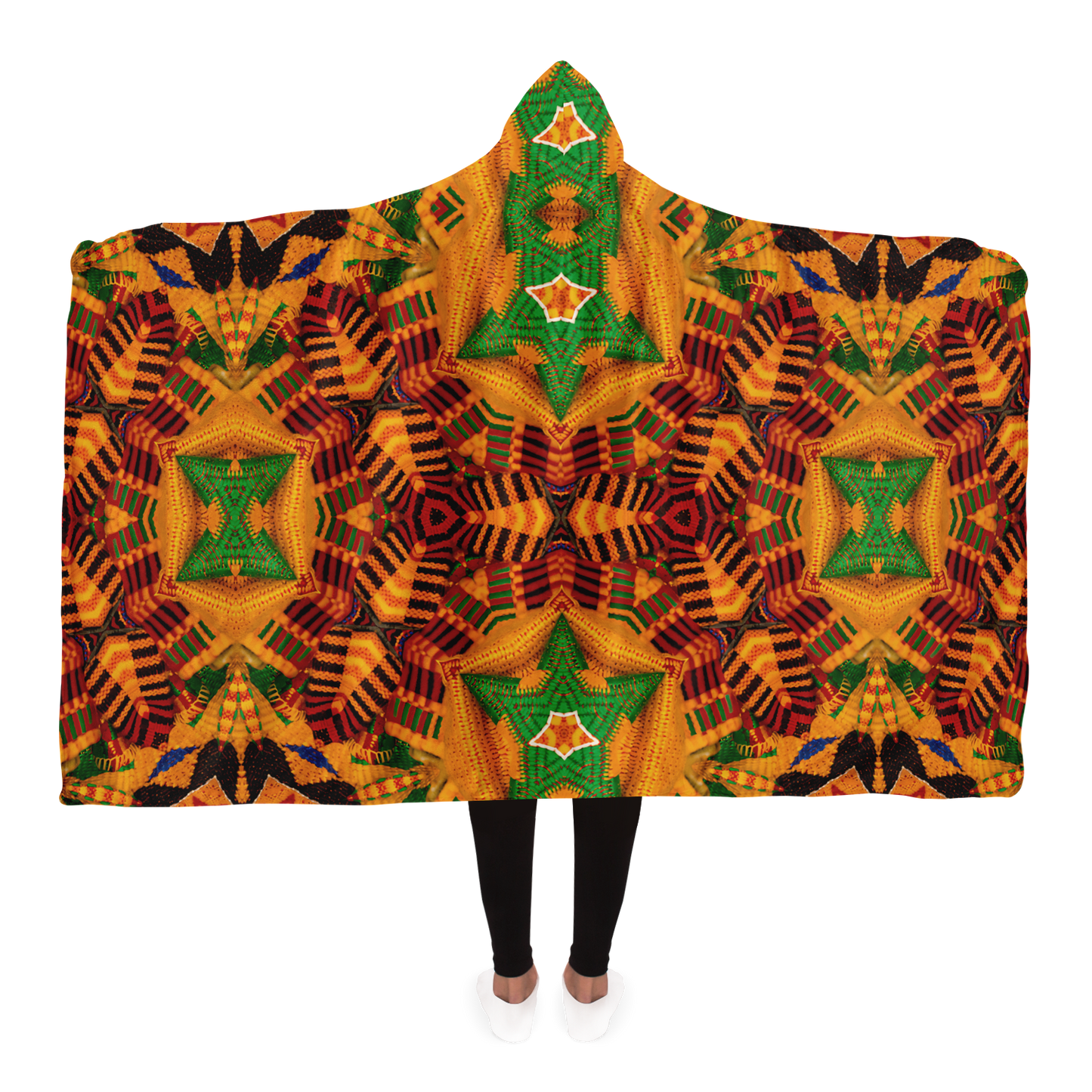Women's Vibrant Orange & Green Geometric Pattern Hooded Blanket Micro Fleece
