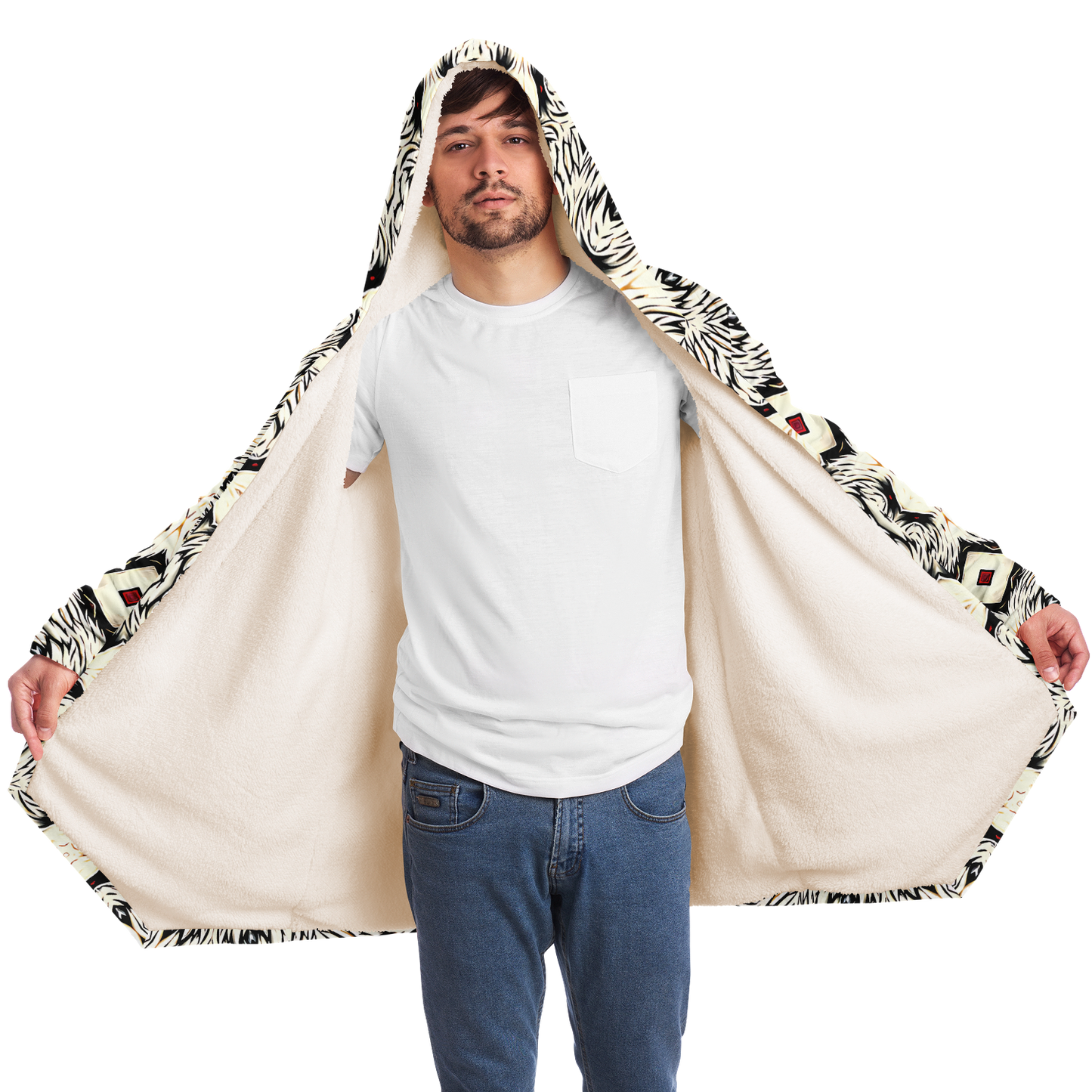 Men's Black & Cream Geometric Pattern All Over Print Microfleece Cloak