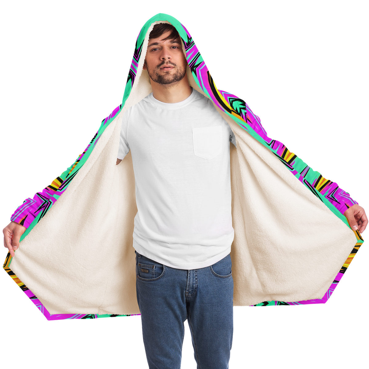 Men's Neon Geometric Star Pattern Design All Over Print Microfleece Cloak