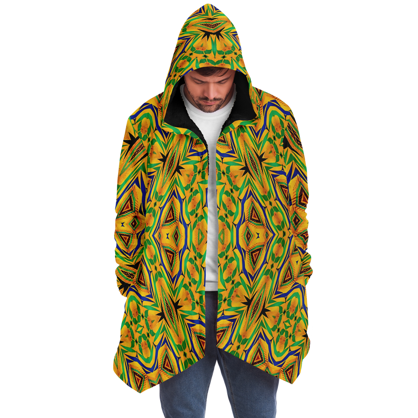 Men's Vibrant Yellow Green Geo Kente Pattern All-Over Print Microfleece Cloak