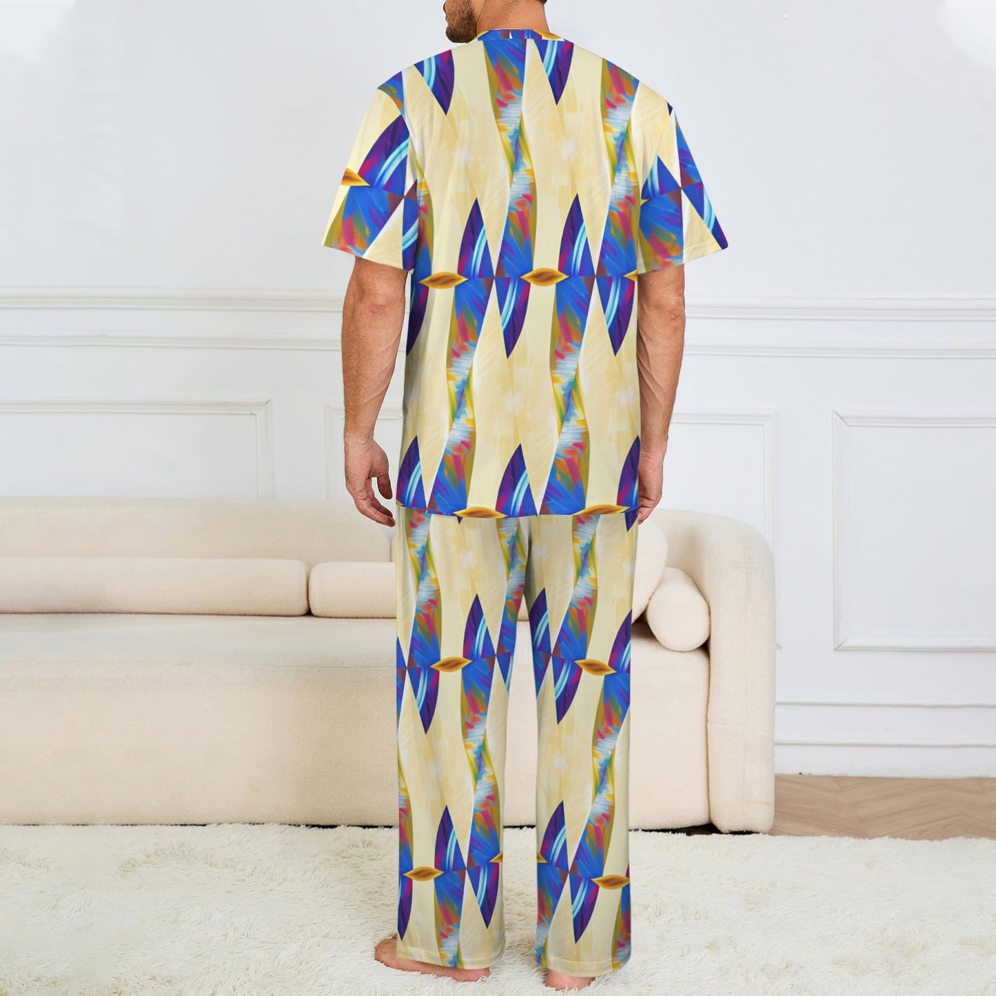 Men's Abstract Blue Wave Pattern All Over Print Crew Neck Pajama Set