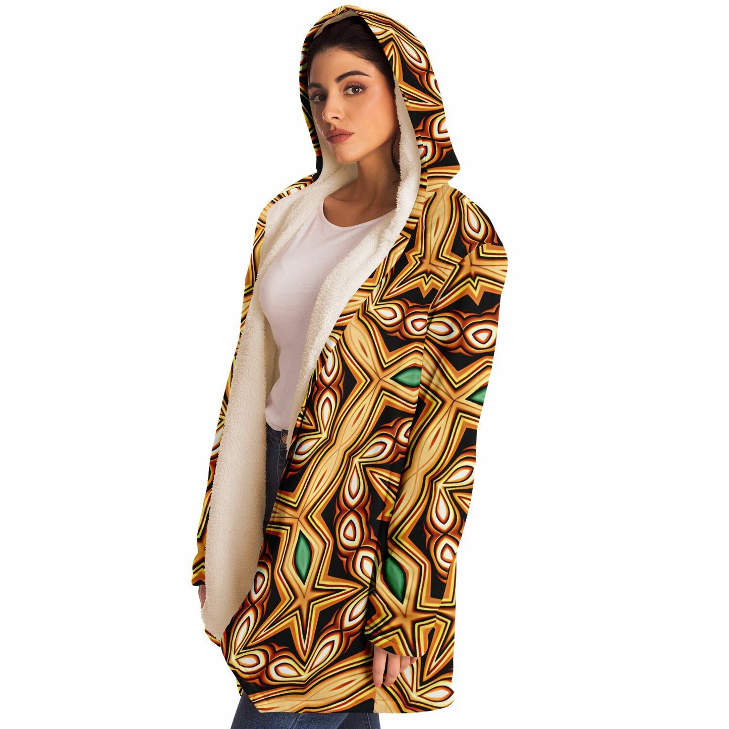 Women's Retro Geometric Brown & Teal Pattern Microfleece Cloak