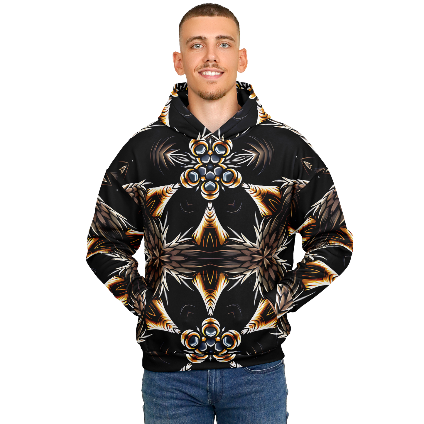 Men's Geometric Black & Gold Kaleidoscope Print Heavyweight Oversized Hoodie