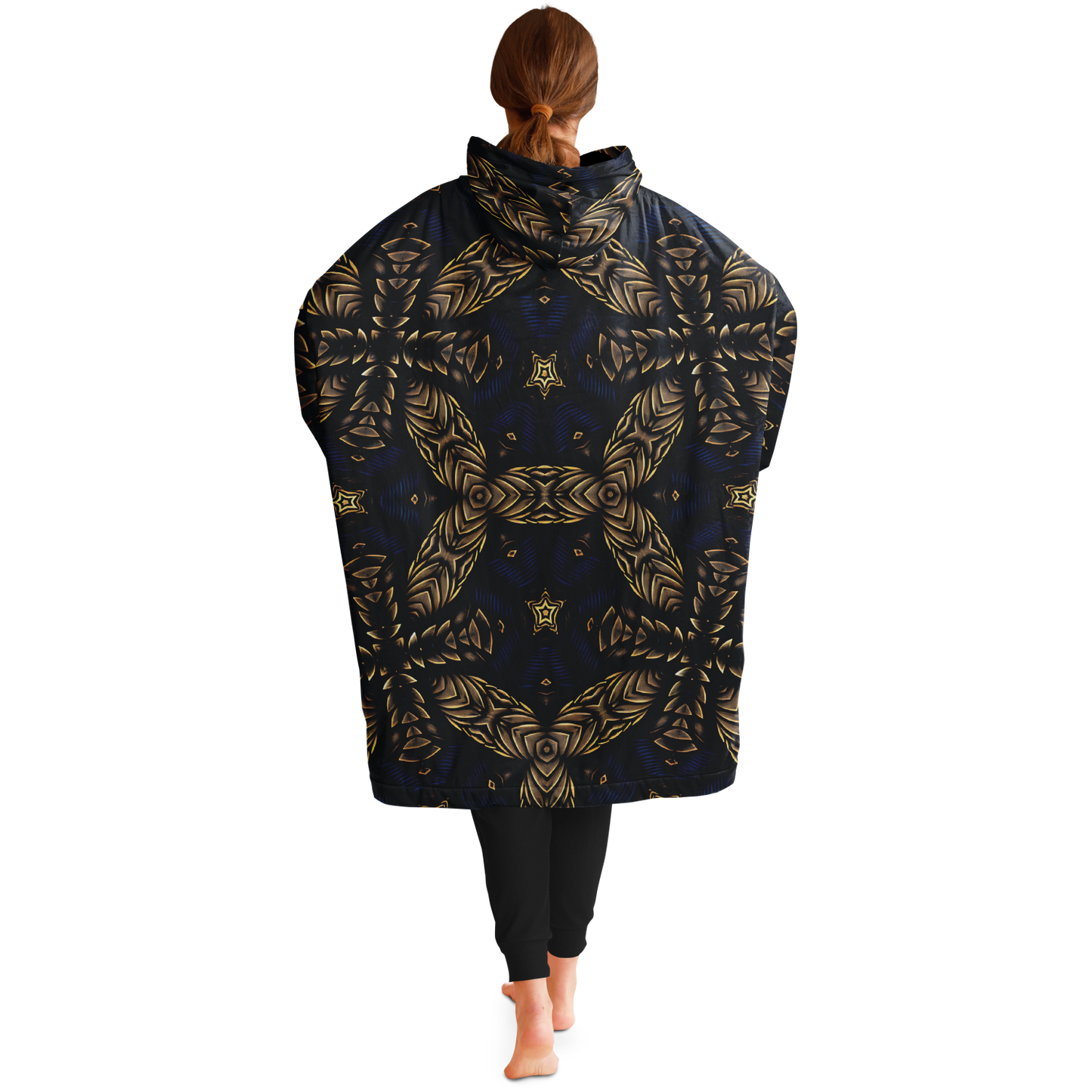 Women's Asymmetrical Gold, Blue & Black Pattern All Over Print Snug Hoodie