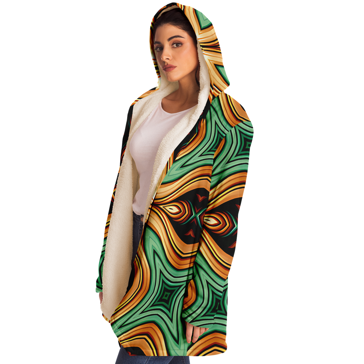 women's  Green & Gold Retro Kaleidoscope Pattern Microfleece Cloak