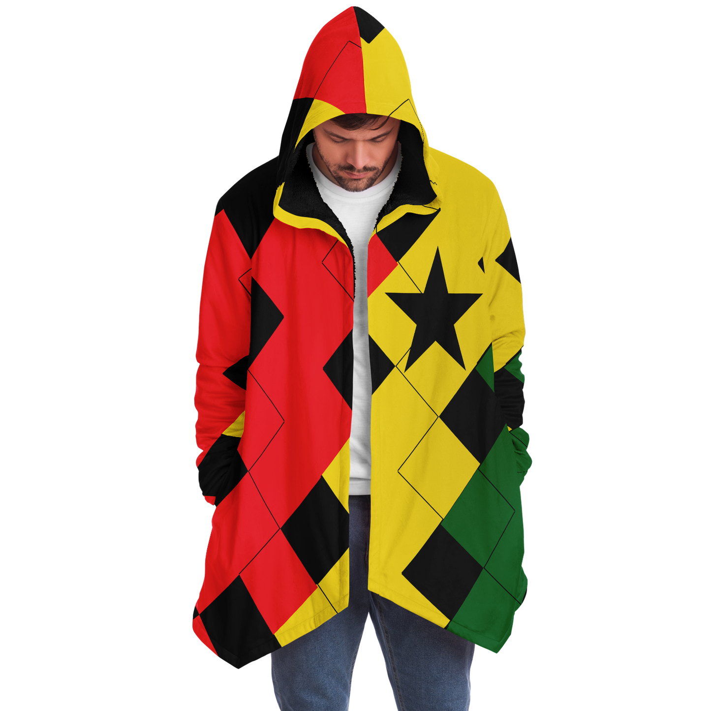 Men's Red Yellow Green and Black Stars Microfleece Cloak