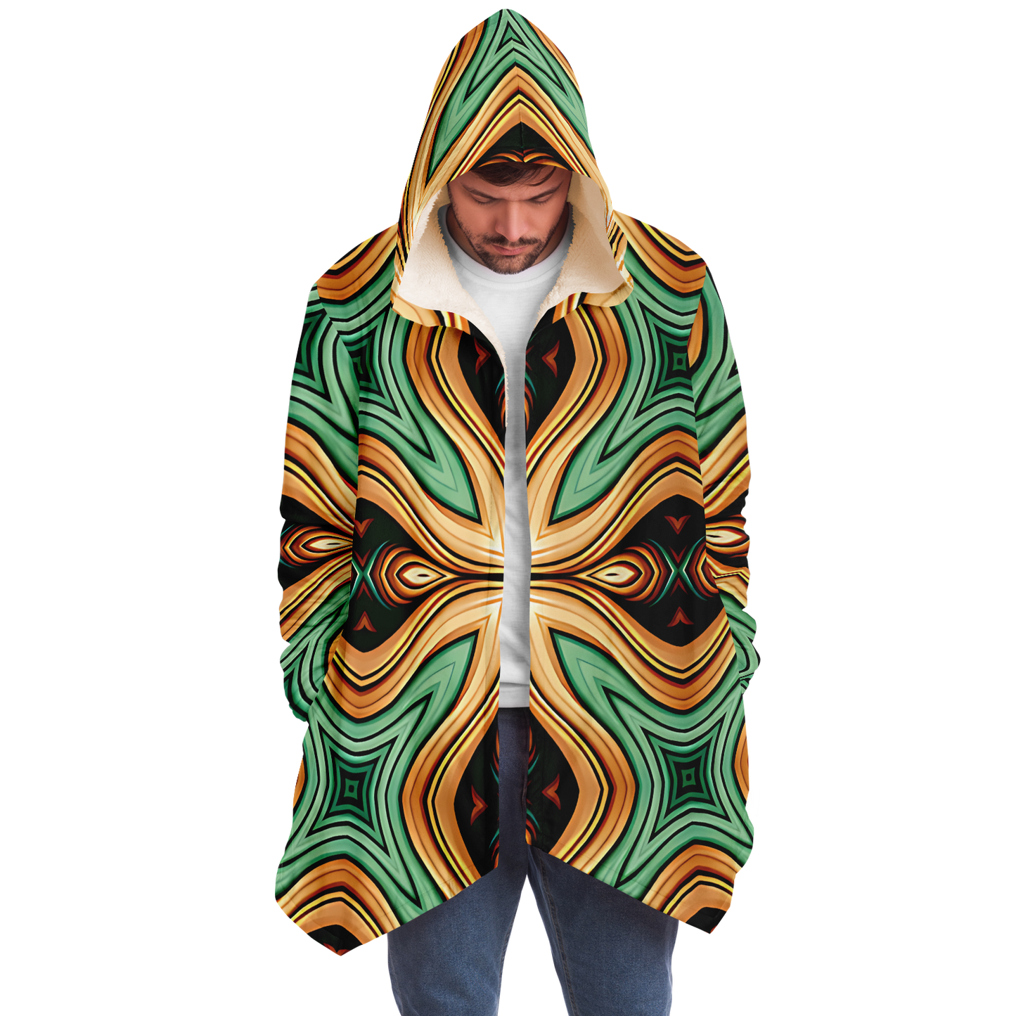 Men's  Green & Gold Retro Kaleidoscope Pattern Microfleece Cloak