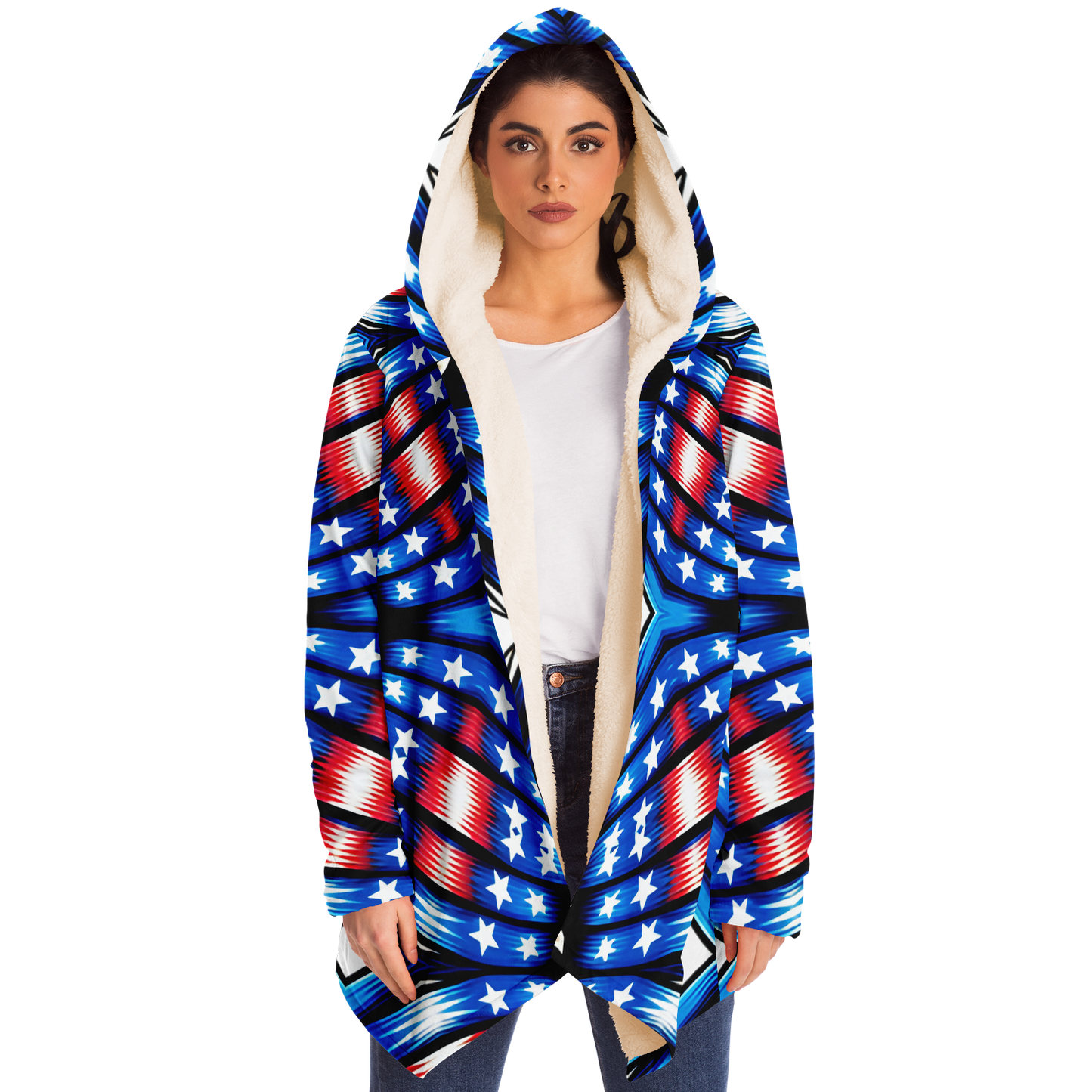 Women's Red White Blue Geometric Pattern All-Over Print Microfleece Cloak