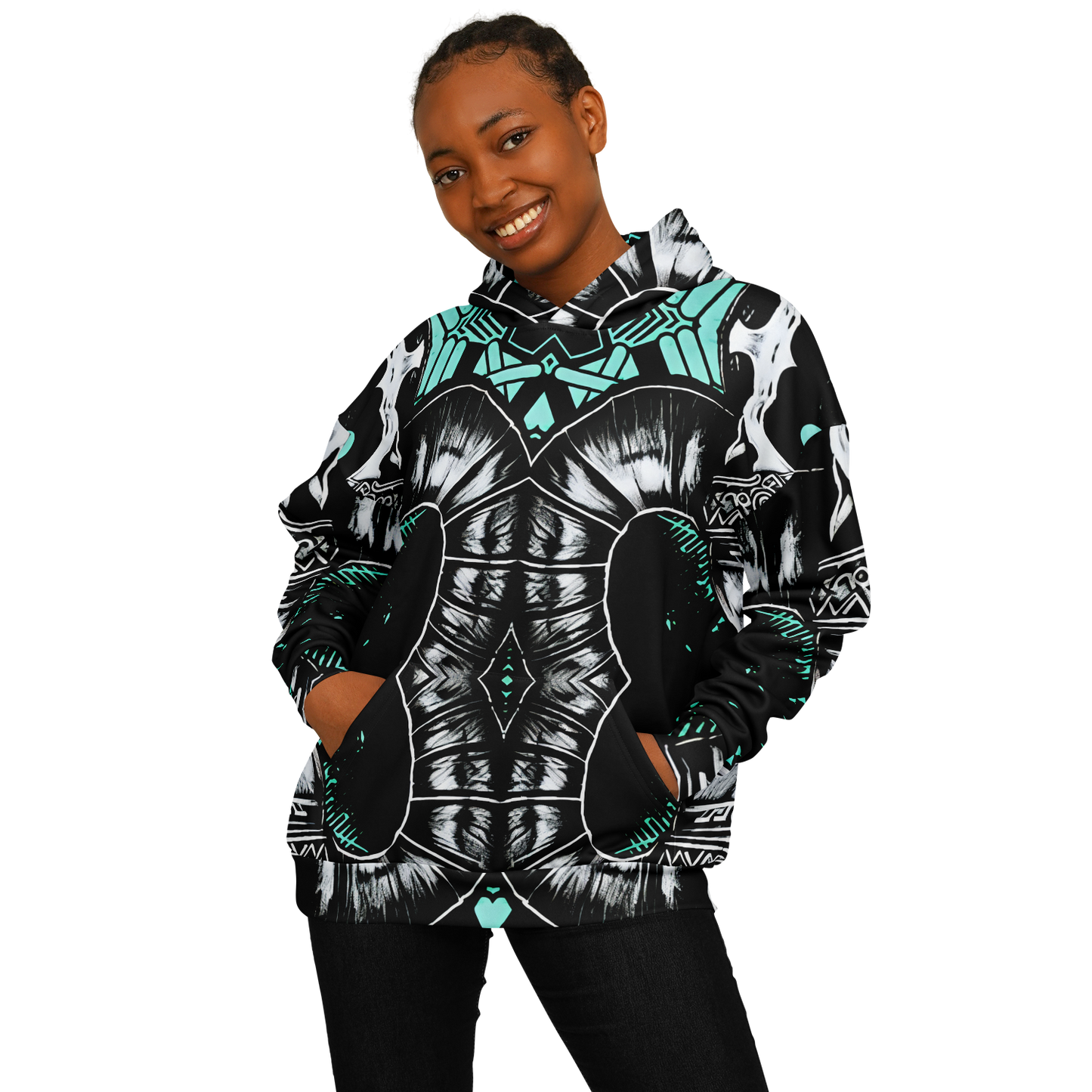 Women's Black White & Green Geo Pattern All Over Print Heavyweight Oversized Hoodie