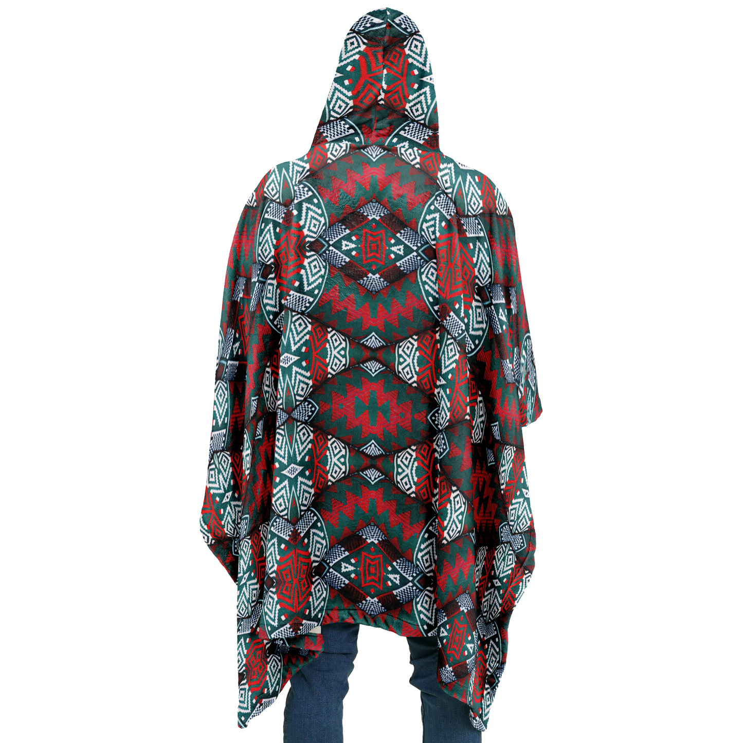 Men's Red, Green & Teal Tribal Geometric Pattern All-Over Print Flannel Blanket Poncho