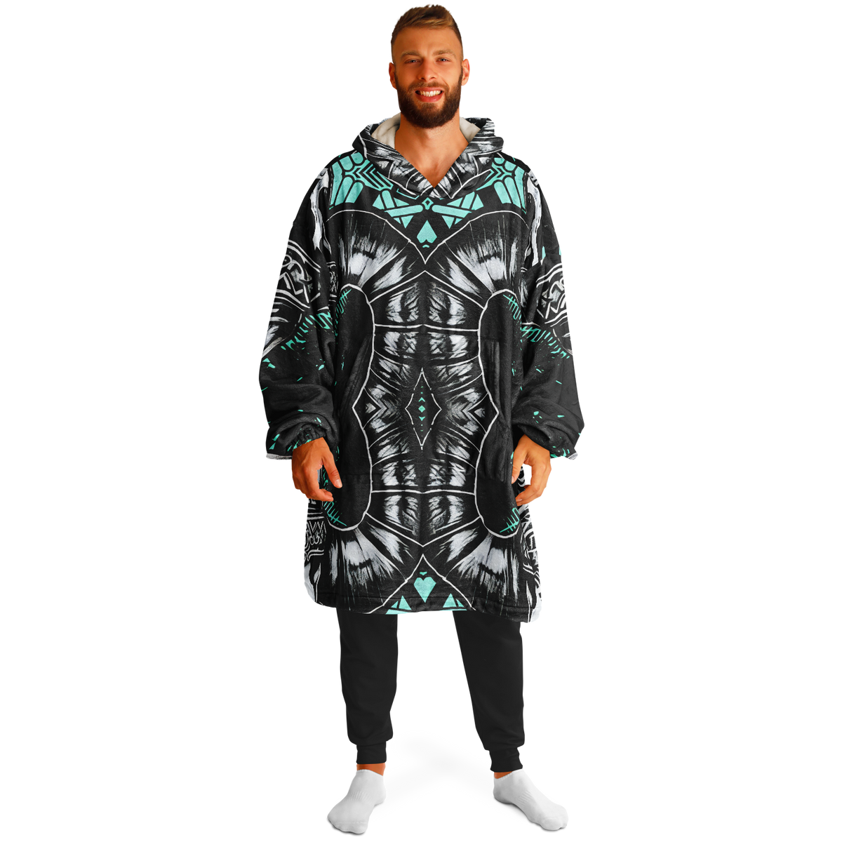 Men's Teal Black White & Green Geometric Pattern All Over Print Snug Hoodie Economy
