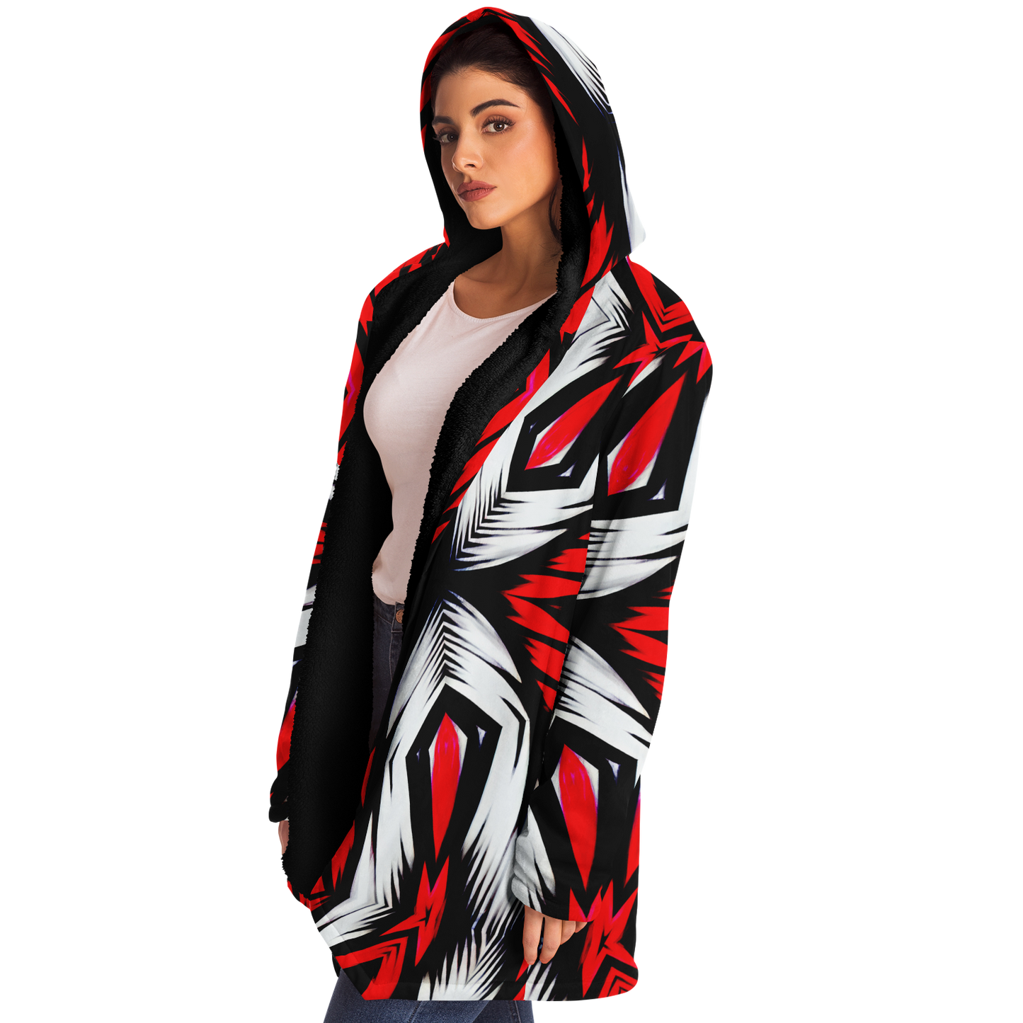 Women's Abstract Red, White & Black Pattern All-Over Print Microfleece Cloak