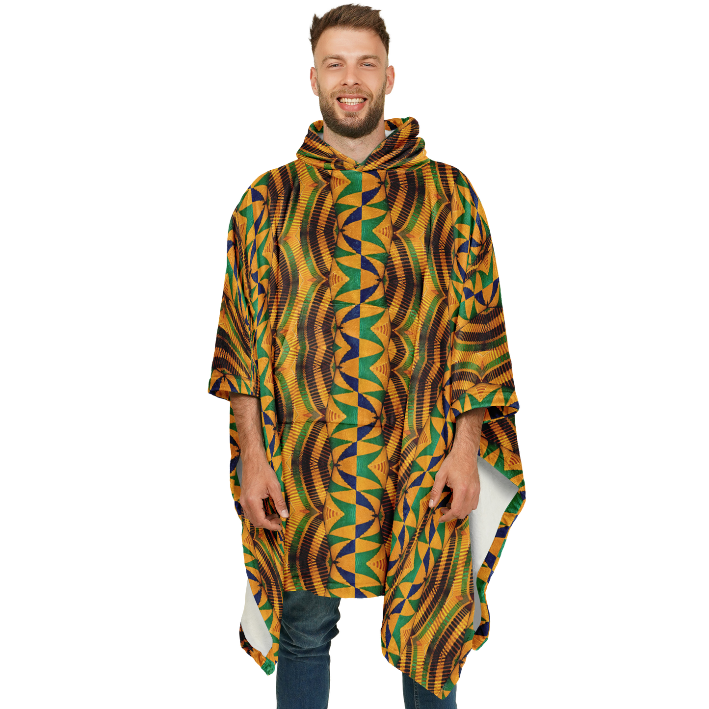 Men's African Kente Geometric Pattern All-Over Print Flannel Blanket Poncho