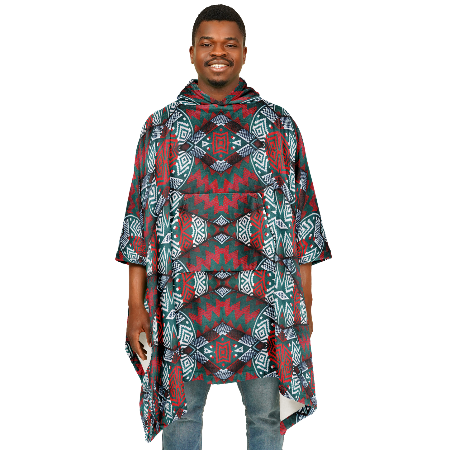Men's Red, Green & Teal Tribal Geometric Pattern All-Over Print Flannel Blanket Poncho