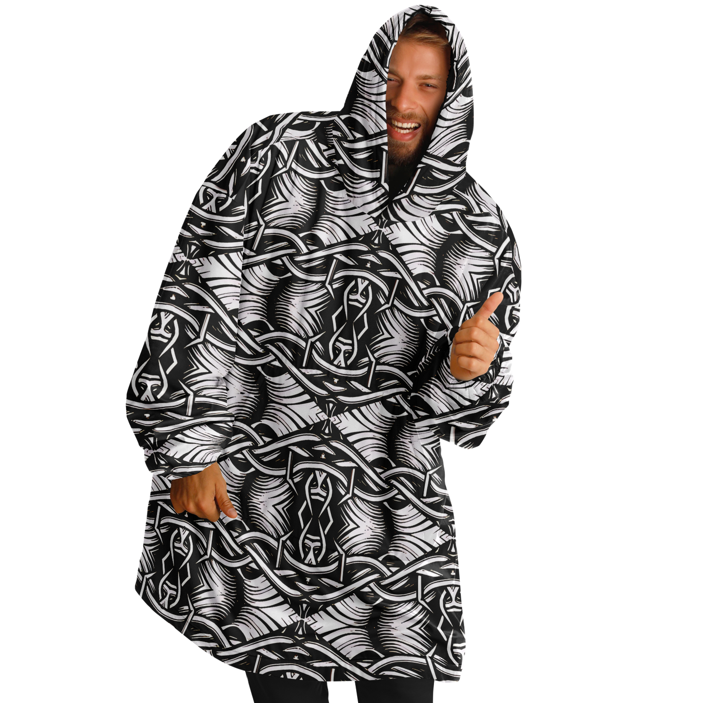 Men’s Black Intricate Silver Chain Tattoo Pattern High Snug Hoodie