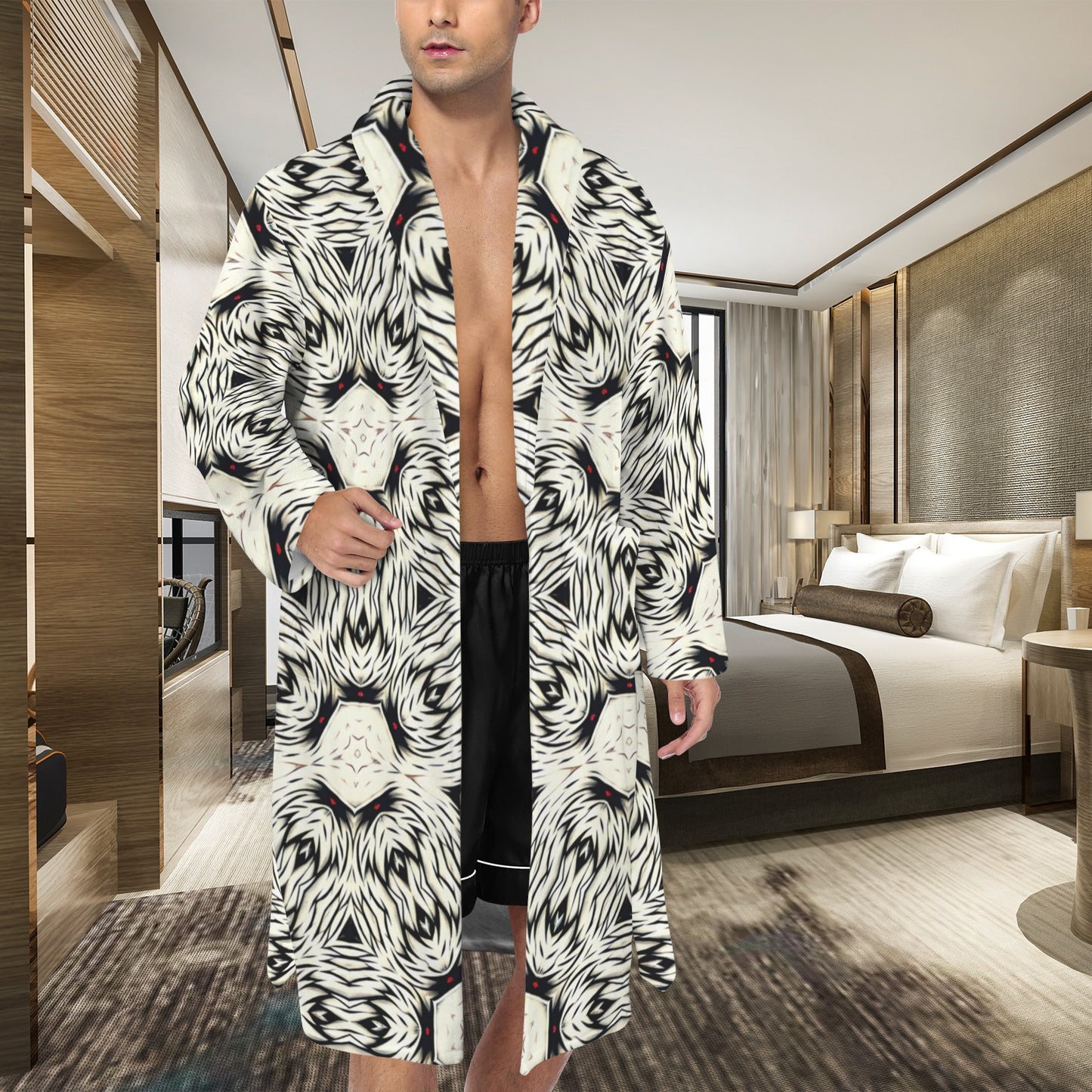 Men's Black & White Abstract Pattern All Over print Belted Sleep Robe