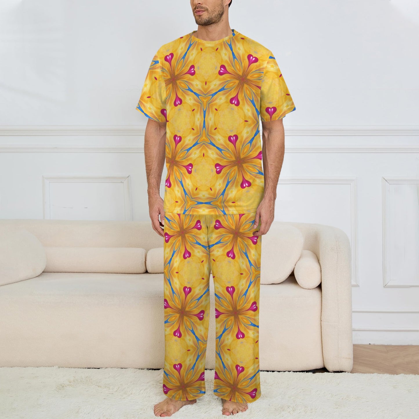 Men's Golden Vibrant  Floral Pattern All-Over Print Crew Neck Pajama Set