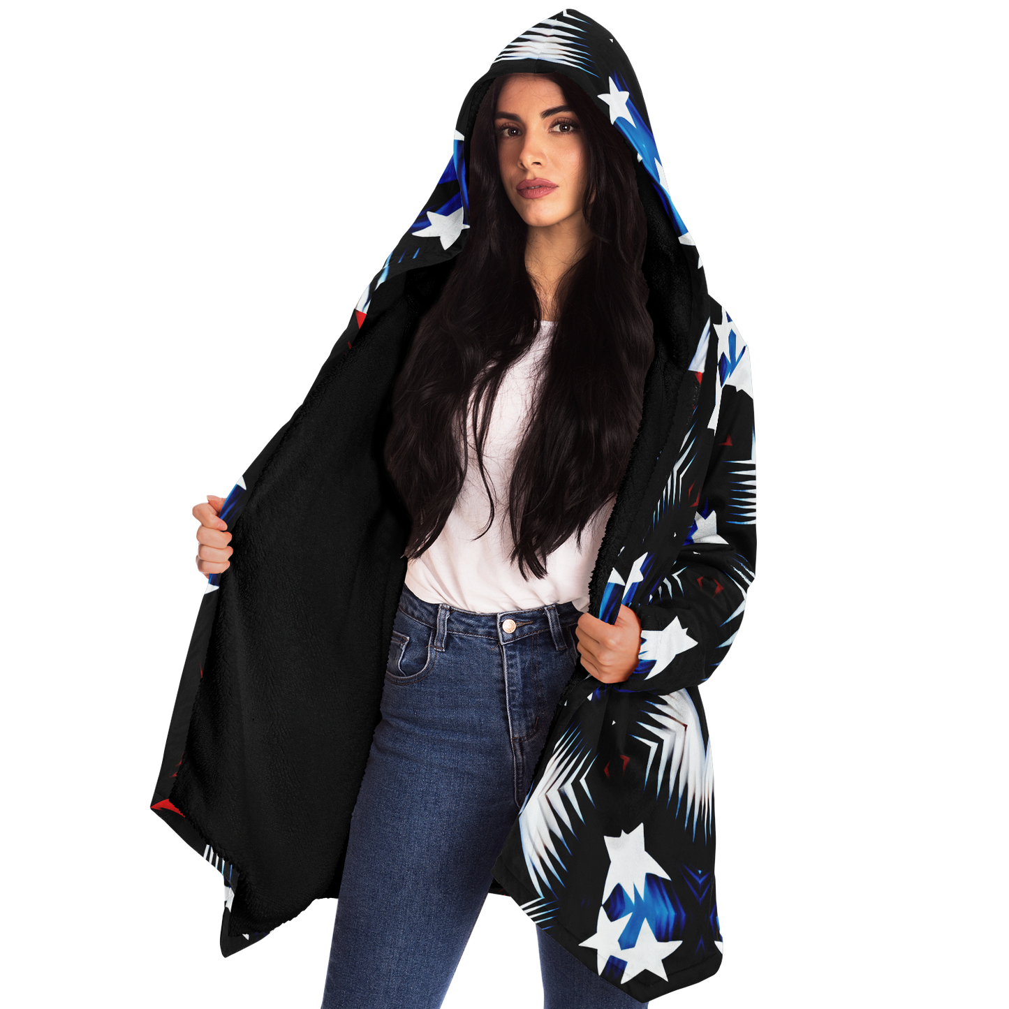 Women's Patriotic Starburst Pattern All-Over Print Microfleece Cloak