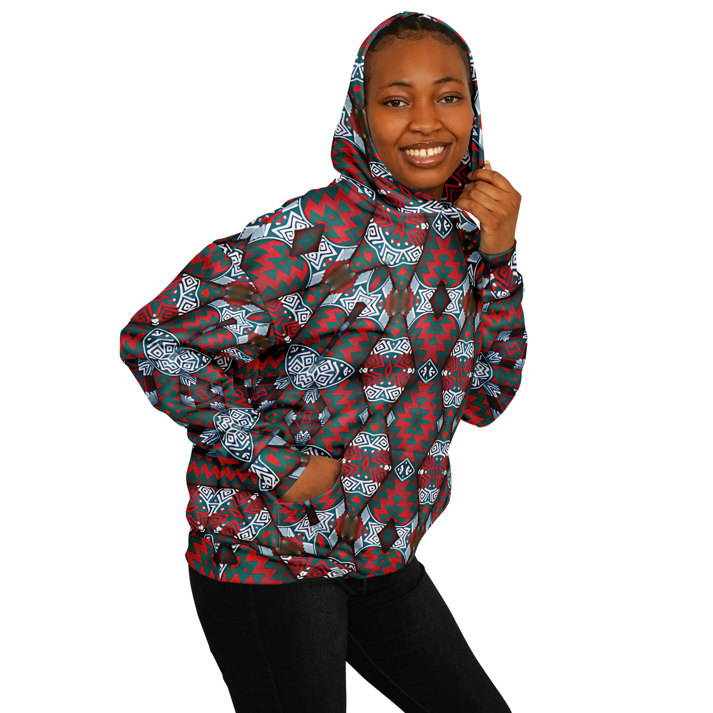 Women's Red & Teal Geometric Pattern Heavyweight Oversized Hoodie
