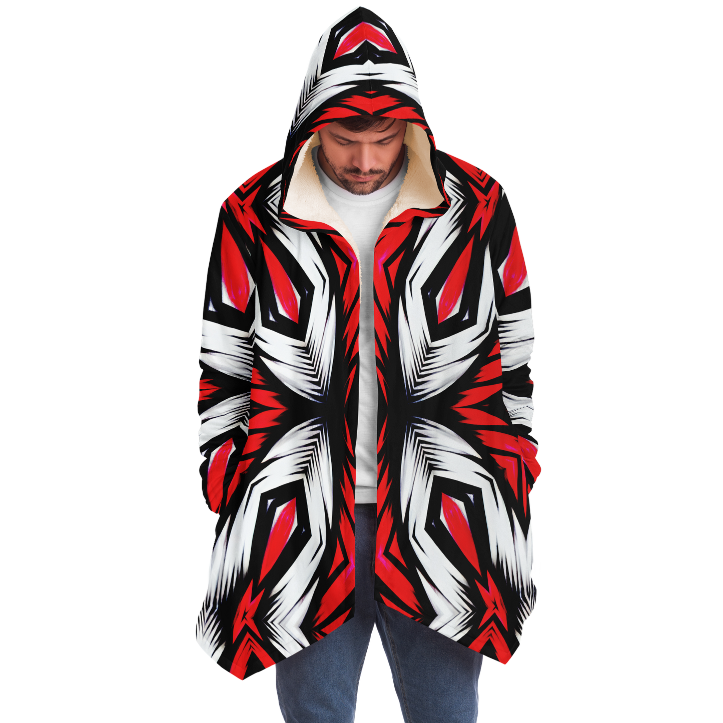 Men's Abstract Red, White & Black Pattern All-Over Print All Over Print Microfleece Cloak