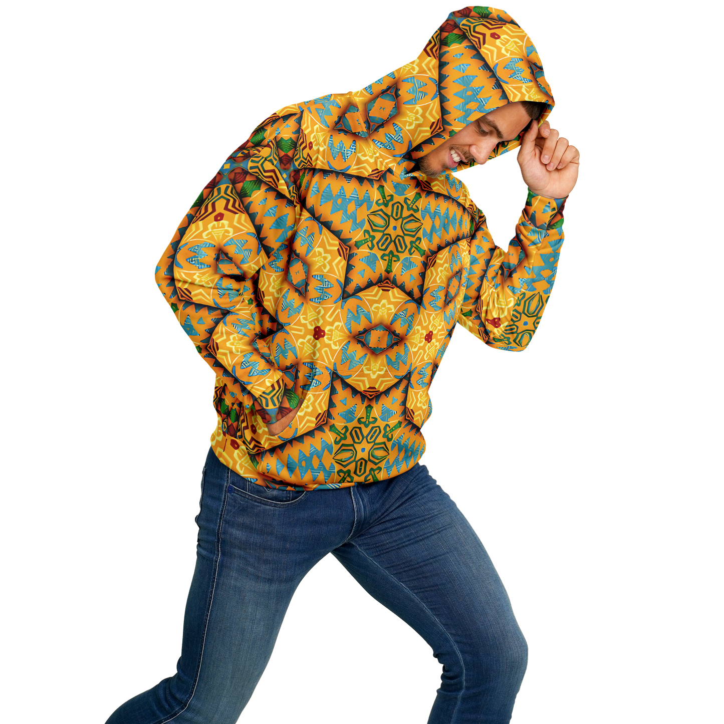 Men's Golden Geometric Mosaic Pattern Heavyweight Oversized Hoodie