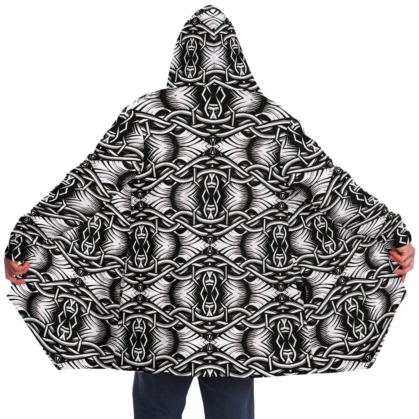 Women’s Black Intricate Silver Chain Tattoo Pattern High Microfleece Cloak