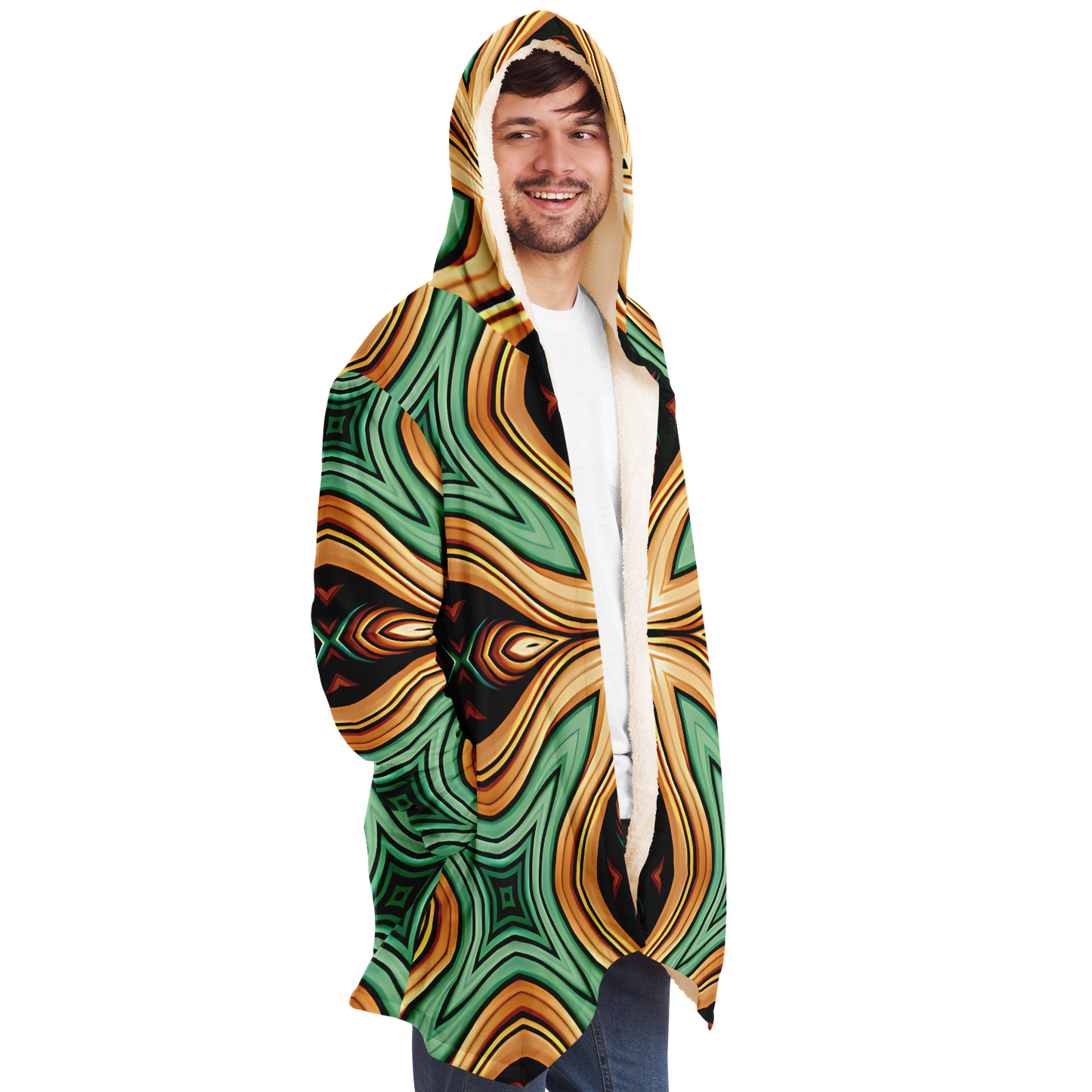Men's  Green & Gold Retro Kaleidoscope Pattern Microfleece Cloak
