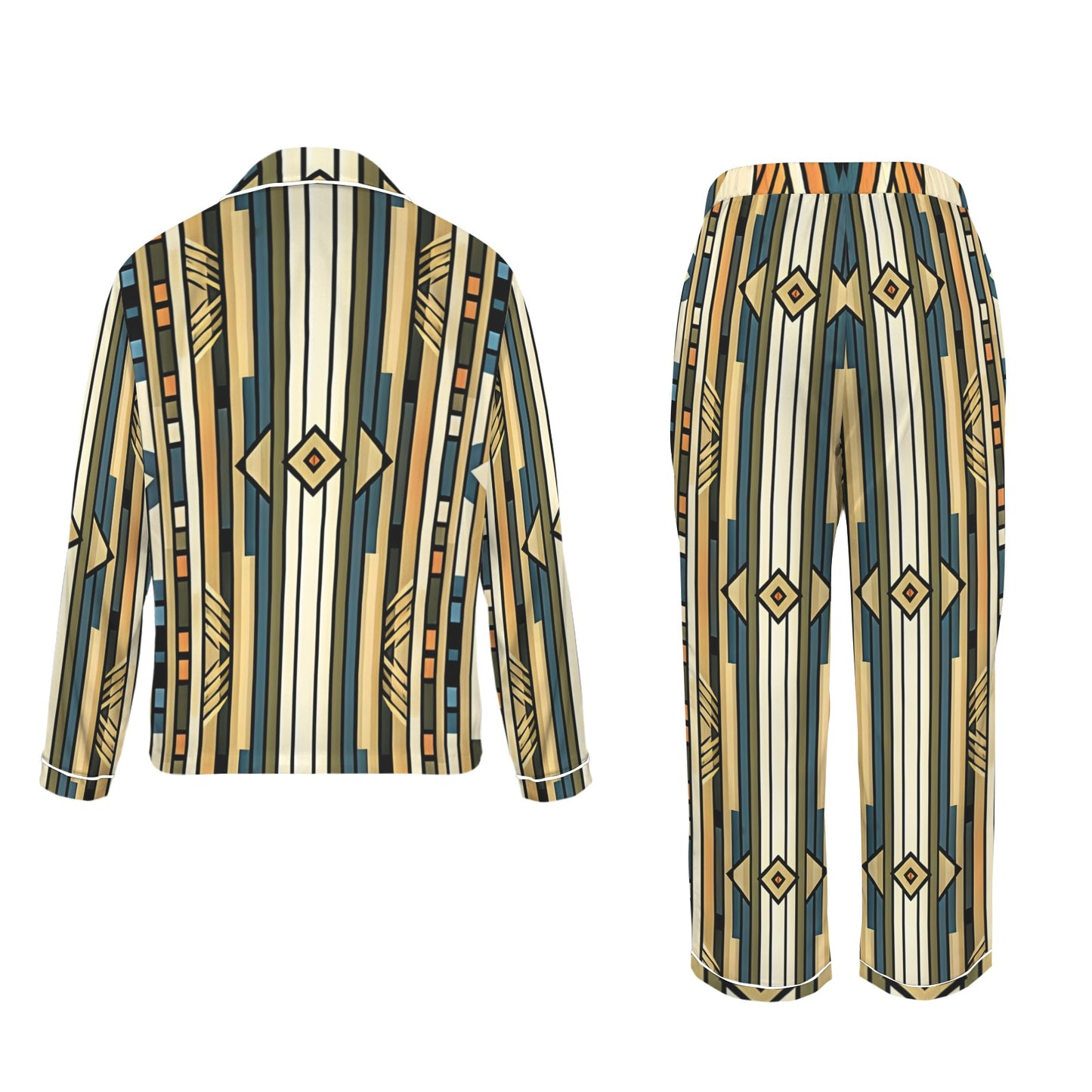 Women's Retro Geometric Tribal Pattern All-Over Print Long Sleeve Satin Pajama Set