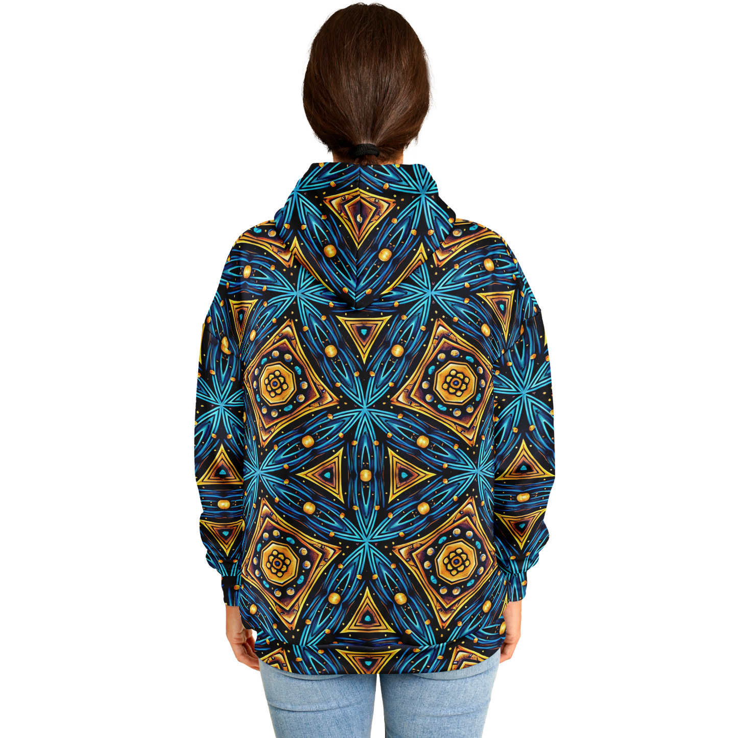 Women's Blue & Gold Geometric Pattern All Over Print Heavyweight Oversized Hoodie