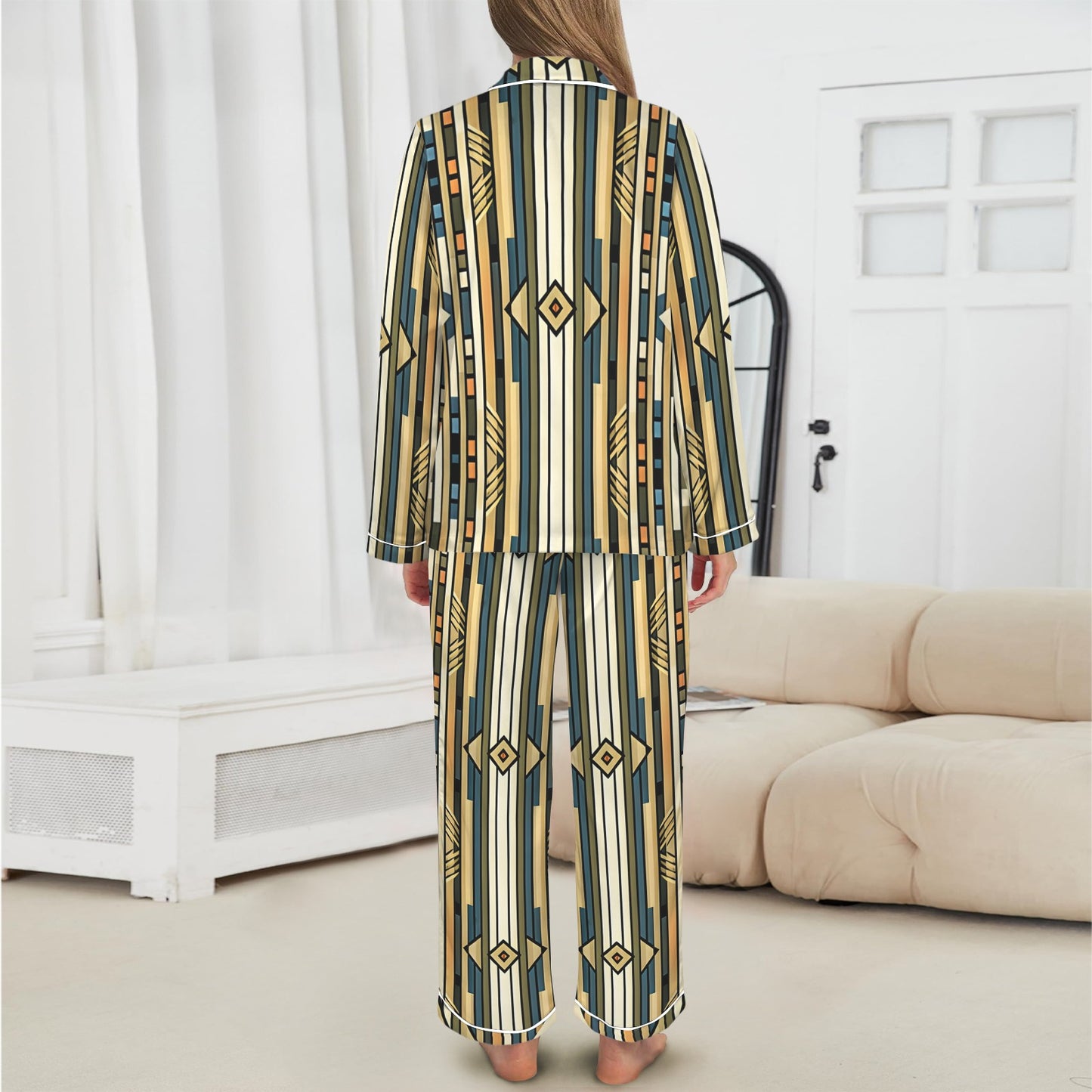 Women's Retro Geometric Tribal Pattern All-Over Print Long Sleeve Satin Pajama Set