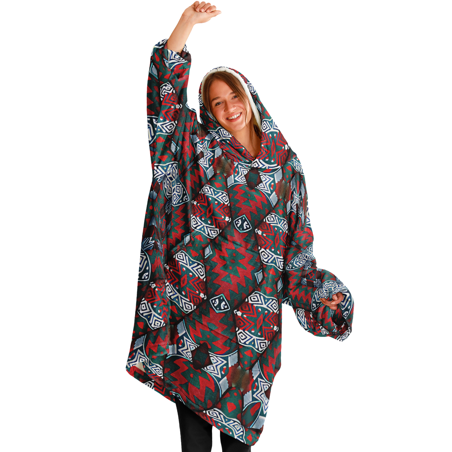 Women's Red & Teal Geometric Pattern Snug Hoodie Economy