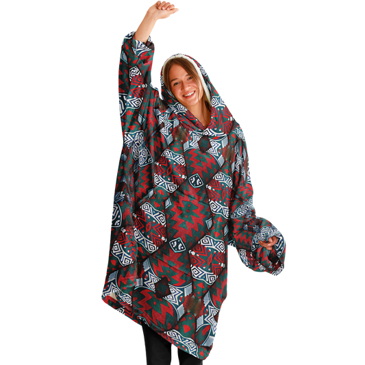 Women's Red & Teal Geometric Pattern Snug Hoodie Economy