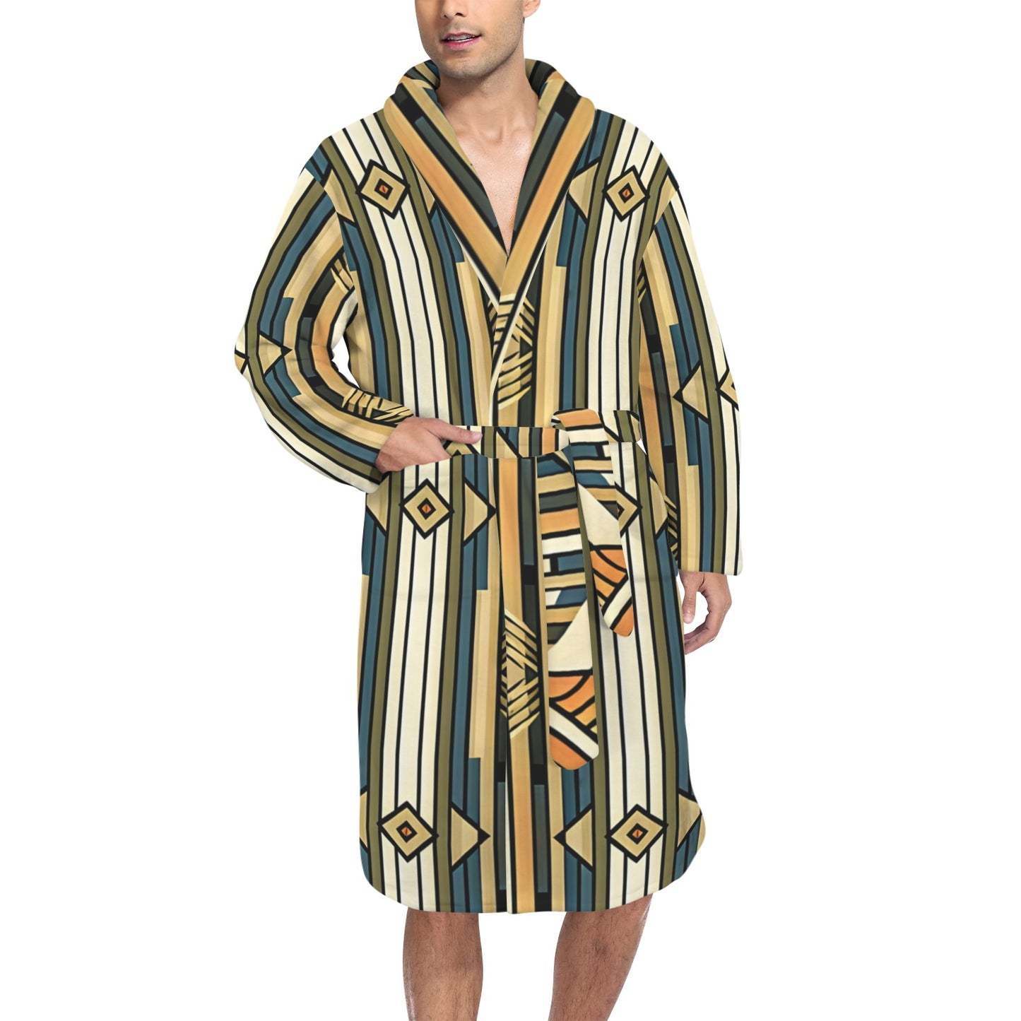 Men's Retro Geometric Tribal Pattern All-Over Print Men's Belted Sleep Robe