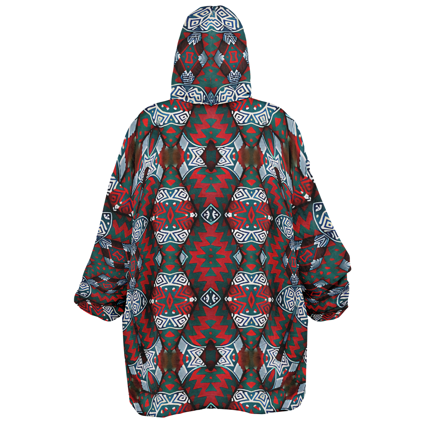 Men's Red & Teal Geometric Pattern Snug Hoodie Economy