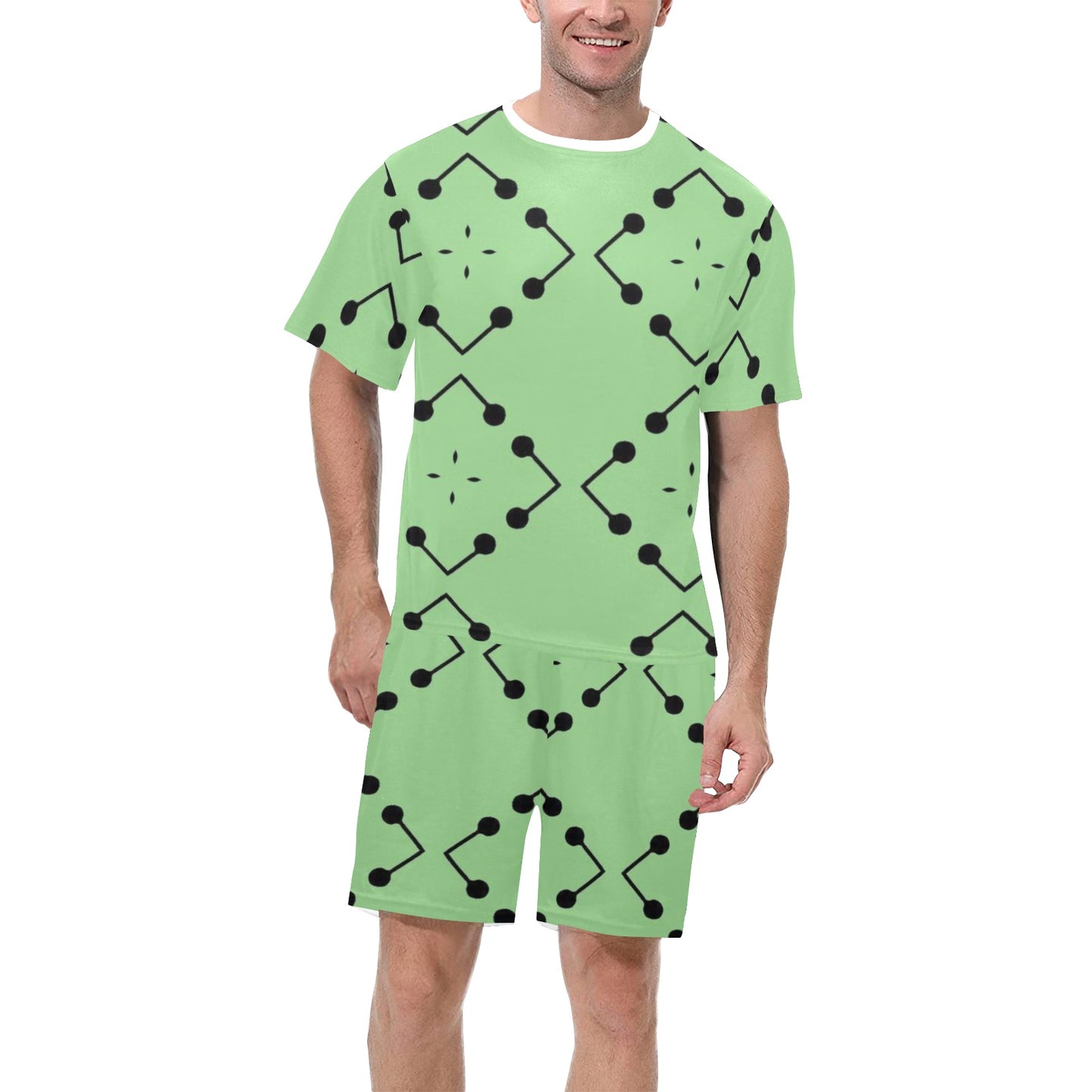 Men's Bold Green Geometric Black Dot-Node Pattern All-Over Print Short Pajama Set