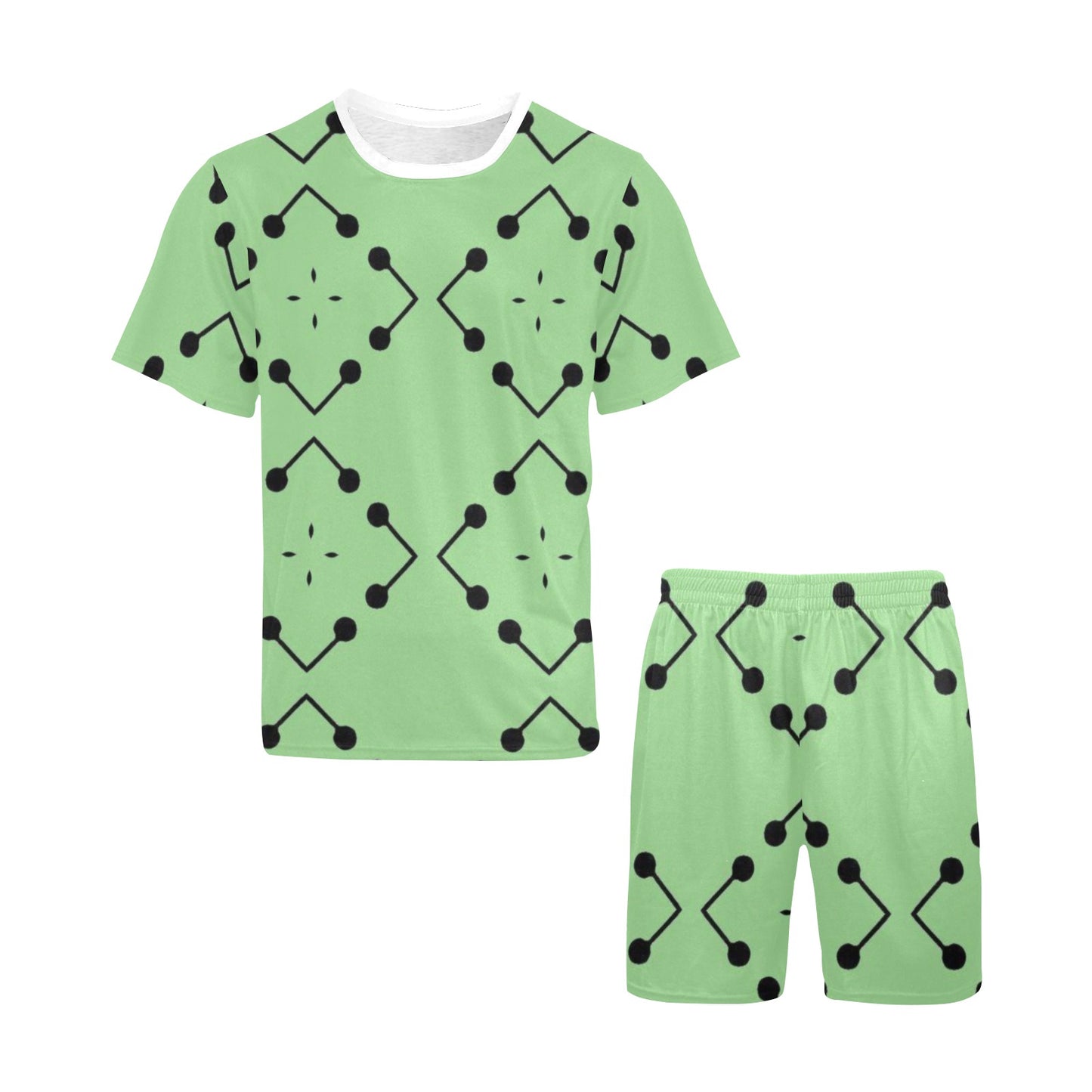 Men's Bold Green Geometric Black Dot-Node Pattern All-Over Print Short Pajama Set