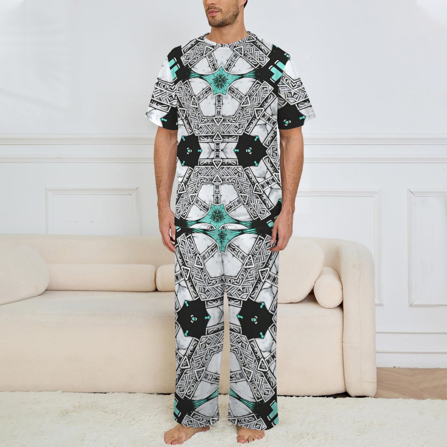 Men's Kaleidoscope Geo Pattern All Over Print Crew Neck Pajama Set
