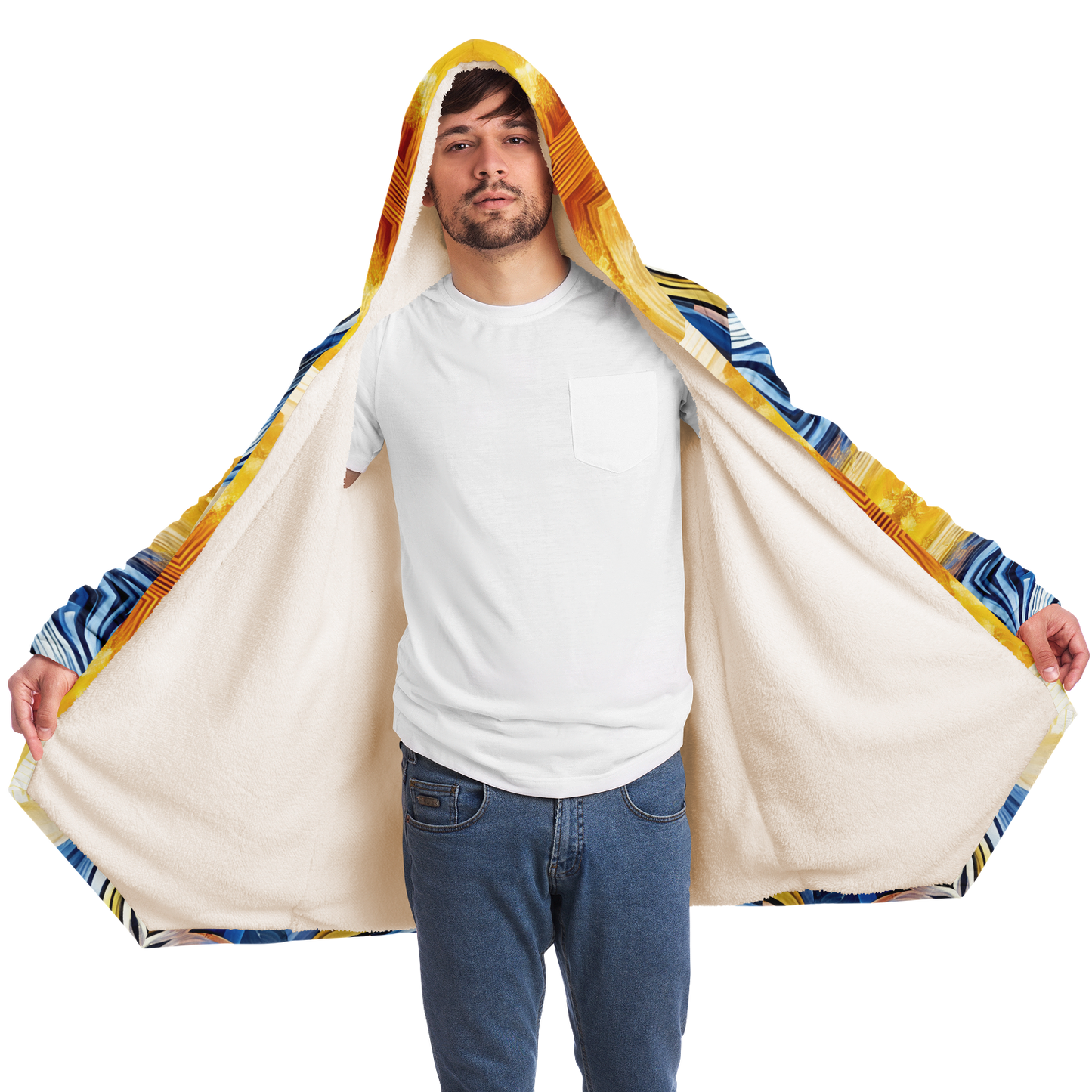 Men’s Bright Orange & Blue Abstract All Over Print Microfleece Cloak