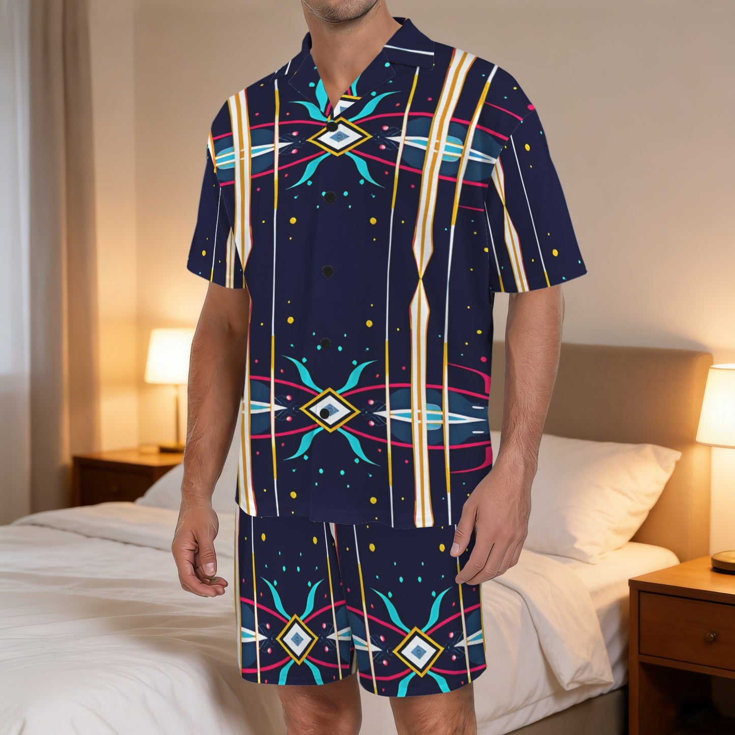 Men's Abstract Neon Geometry Pattern All Over Print V-Neck Short Pajama Set