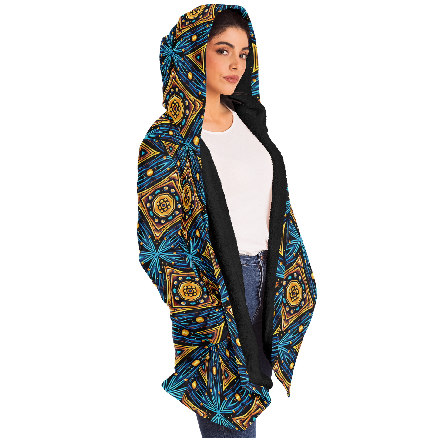 Women's Blue & Gold Geometric Pattern All Over Print Microfleece Cloak