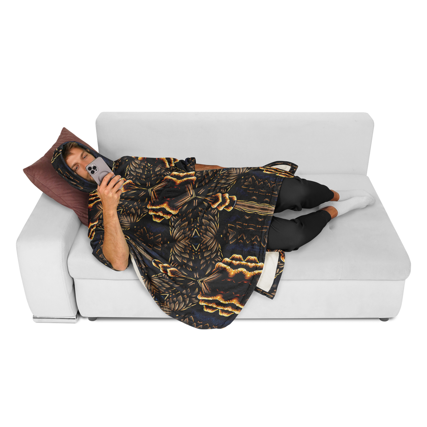 Men's Geometric Gold & Black Pattern Flannel Blanket Poncho