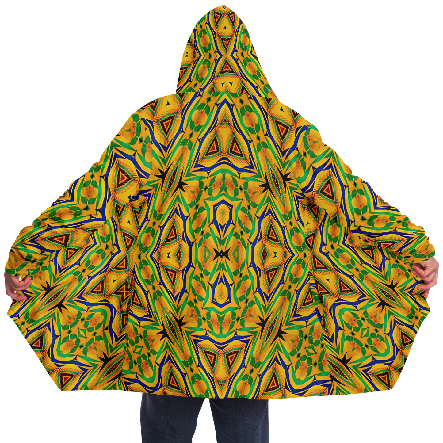 Men's Vibrant Yellow Green Geo Kente Pattern All-Over Print Microfleece Cloak