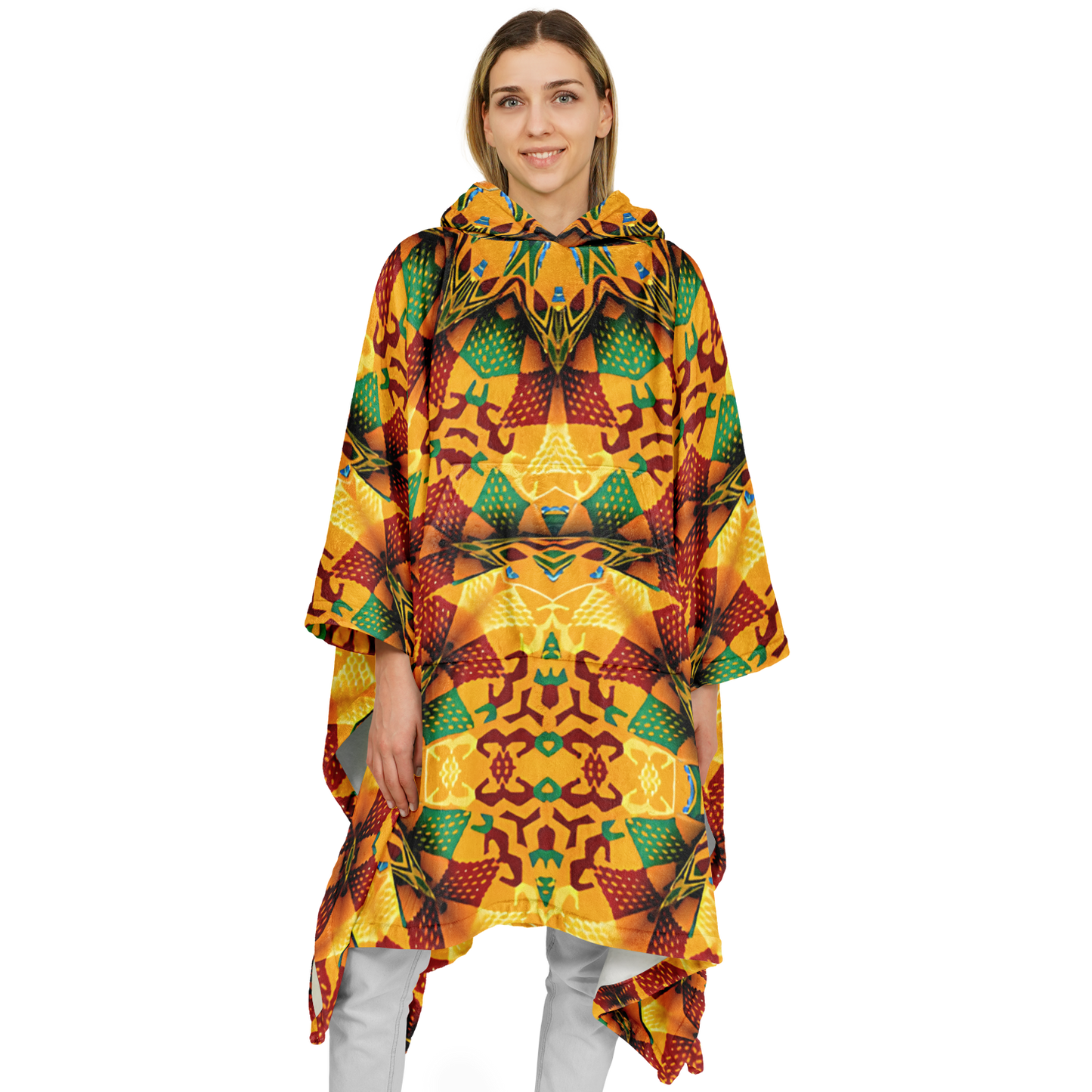 Women's Autumn Kaleidoscope Floral Pattern Flannel Blanket Poncho