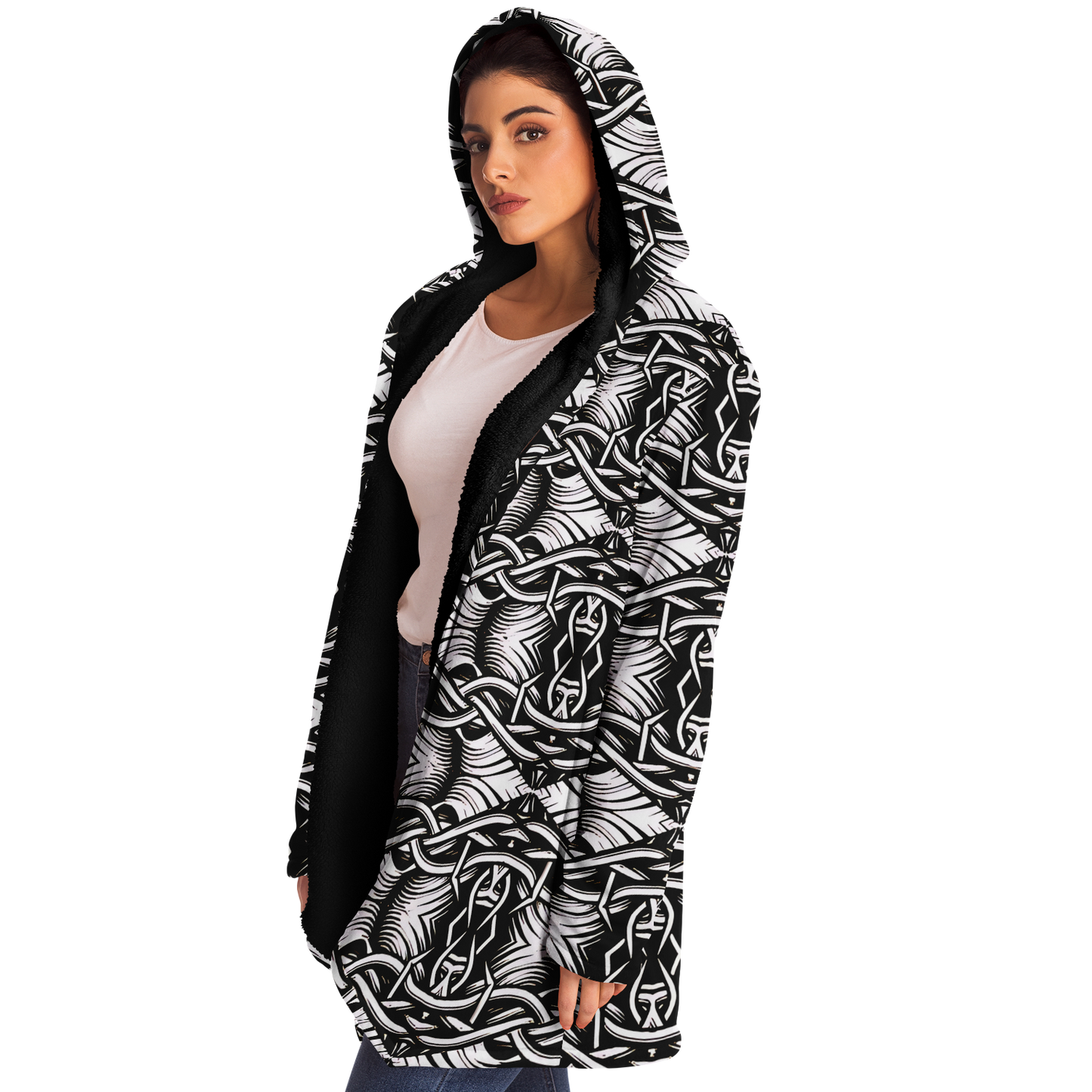 Women’s Black Intricate Silver Chain Tattoo Pattern High Microfleece Cloak