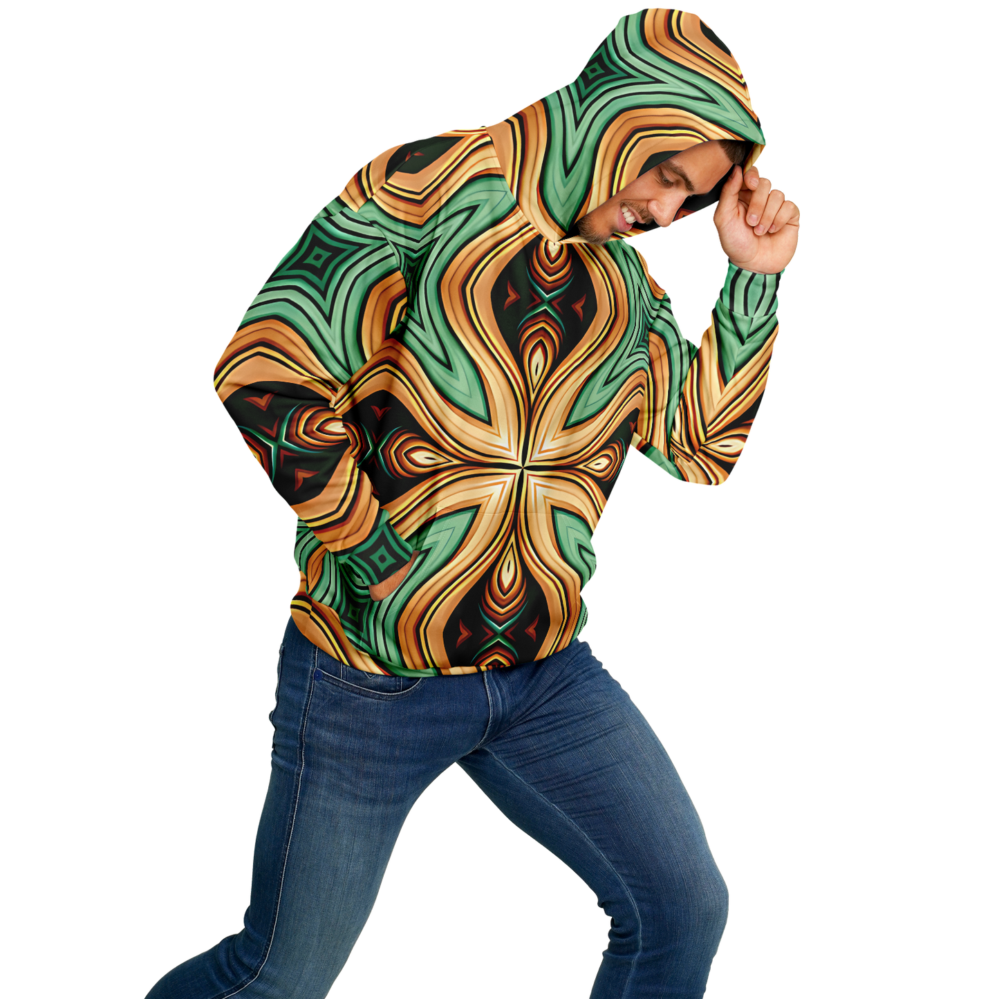 Men's  Green & Gold Retro Kaleidoscope Pattern Heavyweight Oversized Hoodie