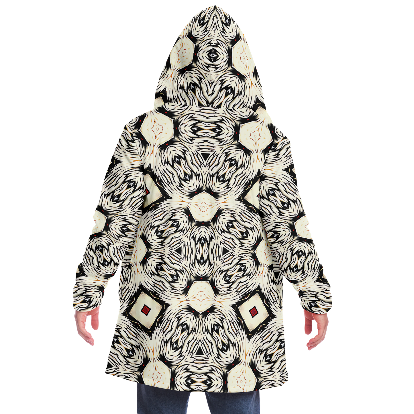 Men's Black & Cream Geometric Pattern All Over Print Microfleece Cloak