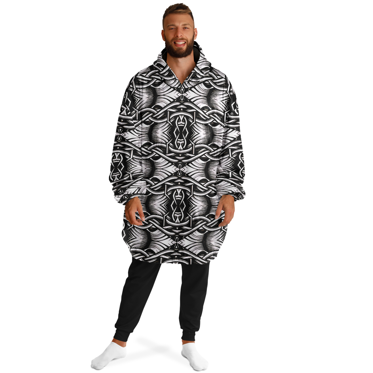 Men’s Black Intricate Silver Chain Tattoo Pattern High Snug Hoodie