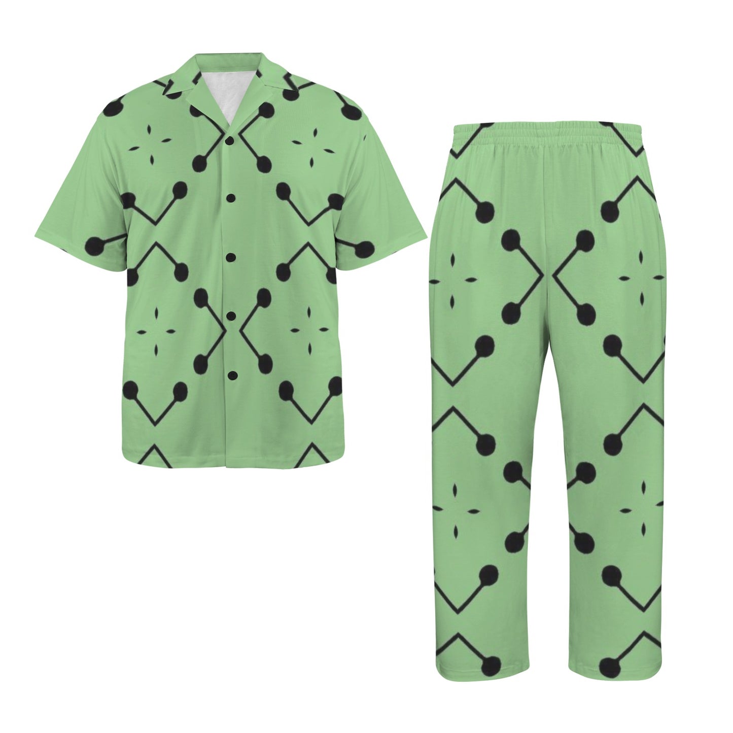 Men's Bold Green Geometric Black Dot-Node Pattern All-Over Print V-Neck Pajama Set